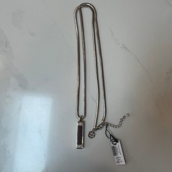 White House Black Market  Silver, Burgundy & Rhinestone Bar Pendant Necklace NWT - Picture 5 of 5
